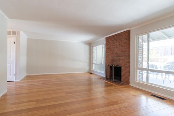Empty room, Fireplace, Interior, Stone Walls, Wood Texture Flooring