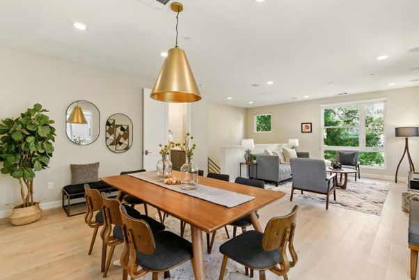Dining room, Interior, Living room, Pendant Lights, Recessed Lighting, Wood Texture Flooring