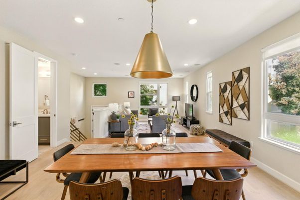 Dining room, Interior, Pendant Lights, Recessed Lighting, Wood Texture Flooring