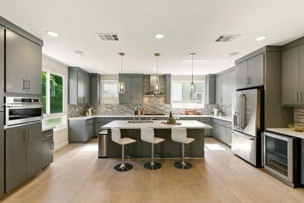 Interior, Kitchen, Pendant Lights, Recessed Lighting, Stainless Steel Appliances, Wood Texture Flooring