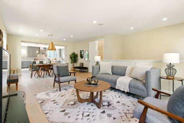 Dining room, Interior, Kitchen, Living room, Pendant Lights, Recessed Lighting, Stainless Steel Appliances, Wood Texture Flooring