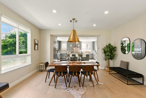 Dining room, Interior, Kitchen, Pendant Lights, Recessed Lighting, Wood Texture Flooring