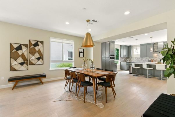 Dining room, Interior, Kitchen, Pendant Lights, Recessed Lighting, Stainless Steel Appliances, Wood Texture Flooring