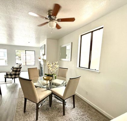 Dining room, Interior, Recessed Lighting, Wood Texture Flooring