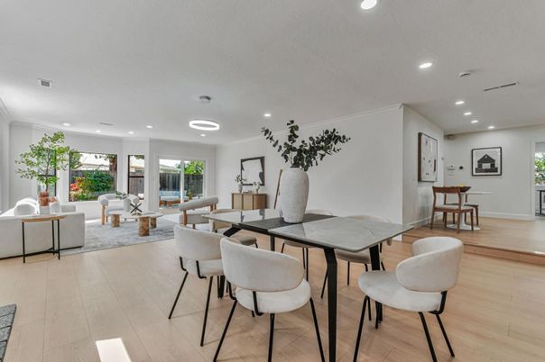Dining room, Interior, Living room, Pendant Lights, Recessed Lighting, Wood Texture Flooring
