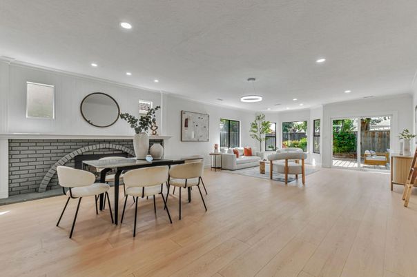 Dining room, Interior, Living room, Pendant Lights, Recessed Lighting, Wood Texture Flooring