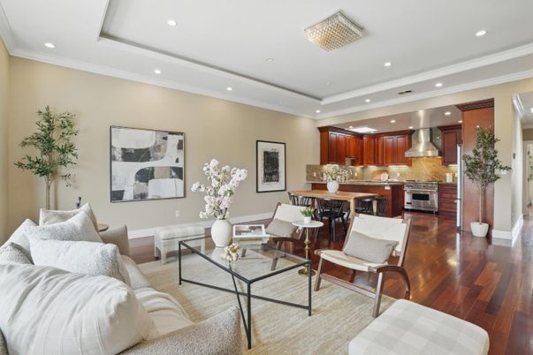 Dining room, Interior, Kitchen, Living room, Recessed Lighting, Stainless Steel Appliances, Wood Texture Flooring