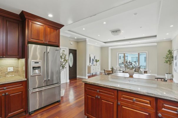 Dining room, Interior, Kitchen, Recessed Lighting, Stainless Steel Appliances, Wood Texture Flooring