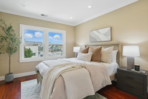Bedroom, Interior, Recessed Lighting, Water, Wood Texture Flooring