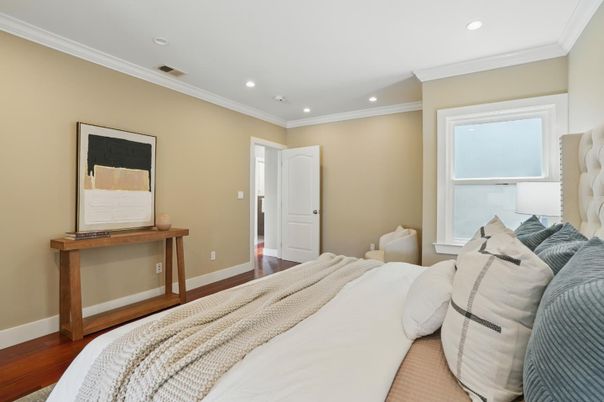 Bedroom, Interior, Recessed Lighting, Wood Texture Flooring