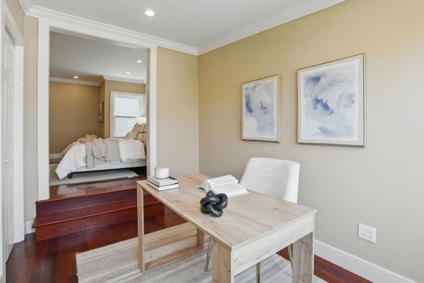 Bedroom, Home Office, Interior, Recessed Lighting, Wood Texture Flooring