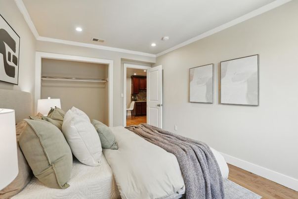 Bedroom, Interior, Recessed Lighting, Wood Texture Flooring