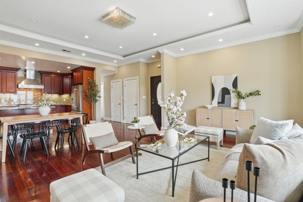 Interior, Kitchen, Living room, Recessed Lighting, Stainless Steel Appliances, Wood Texture Flooring