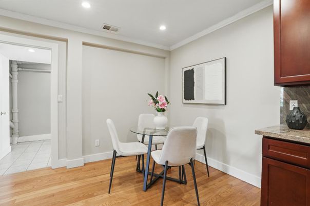 Dining room, Interior, Recessed Lighting, Wood Texture Flooring