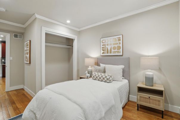 Bedroom, Interior, Recessed Lighting, Wood Texture Flooring