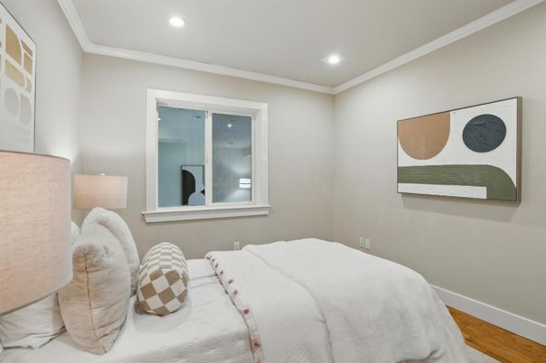 Bedroom, Interior, Recessed Lighting, Wood Texture Flooring