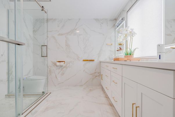 Bathroom, Dual Sink Vanities, Glass Shower, Interior, Marble, Marble Walls