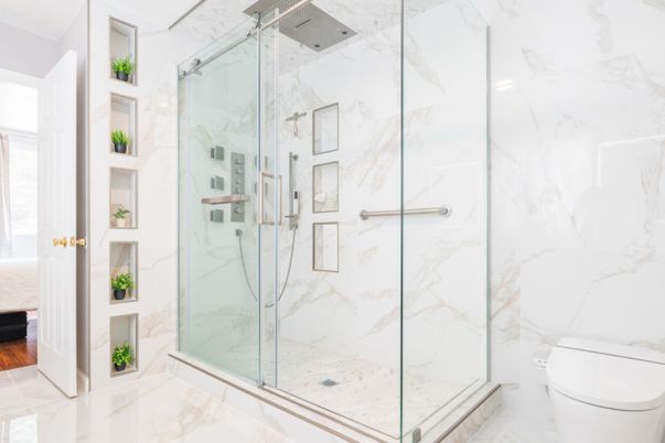 Bathroom, Glass Shower, Interior, Marble, Marble Walls