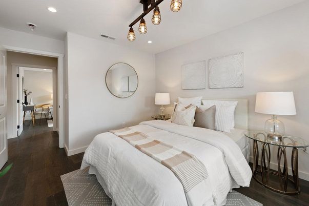 Bedroom, Interior, Recessed Lighting, Wood Texture Flooring