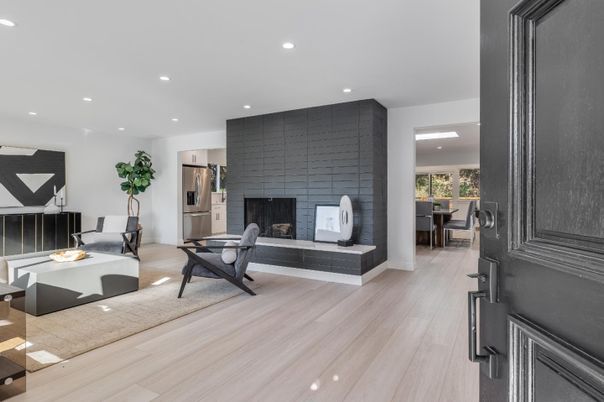 Dining room, Fireplace, Interior, Living room, Recessed Lighting, Wood Texture Flooring