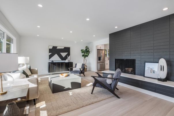 Fireplace, Interior, Living room, Recessed Lighting, Wood Texture Flooring