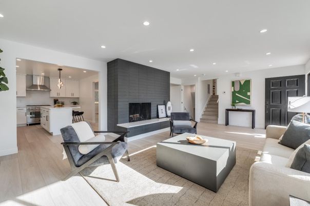 Fireplace, Interior, Kitchen, Living room, Pendant Lights, Recessed Lighting, Stainless Steel Appliances, Wood Texture Flooring