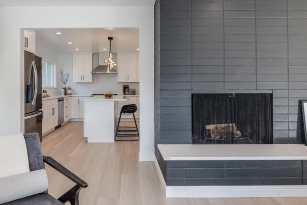 Fireplace, Interior, Kitchen, Pendant Lights, Recessed Lighting, Stainless Steel Appliances, Wood Texture Flooring