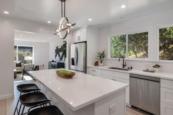 Interior, Kitchen, Pendant Lights, Recessed Lighting, Stainless Steel Appliances, Wood Texture Flooring