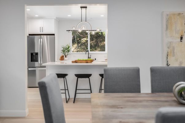 Dining room, Interior, Kitchen, Pendant Lights, Recessed Lighting, Stainless Steel Appliances, Wood Texture Flooring