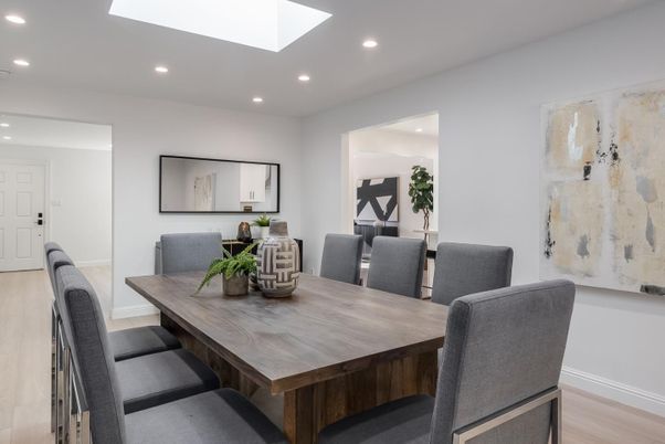 Dining room, Interior, Recessed Lighting, Wood Texture Flooring