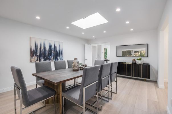 Dining room, Interior, Recessed Lighting, Wood Texture Flooring