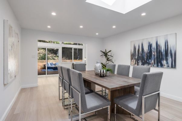 Dining room, Interior, Recessed Lighting, Wood Texture Flooring