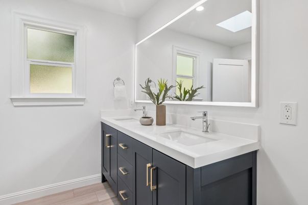 Bathroom, Dual Sink Vanities, Interior, Recessed Lighting, Wood Texture Flooring
