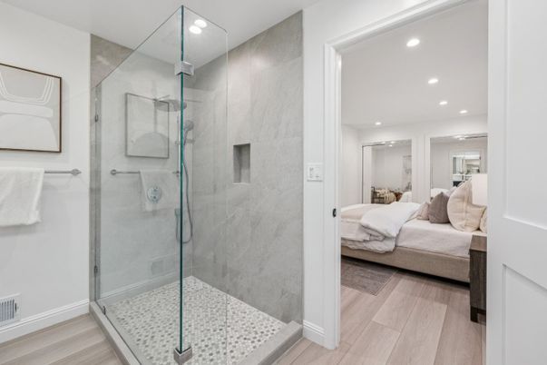 Bathroom, Bedroom, Glass Shower, Interior, Recessed Lighting, Wood Texture Flooring