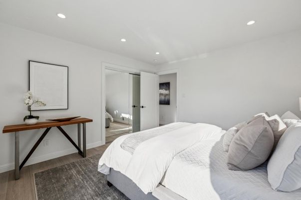 Bedroom, Interior, Recessed Lighting, Wood Texture Flooring