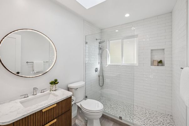 Bathroom, Glass Shower, Interior, Recessed Lighting, Wood Texture Flooring