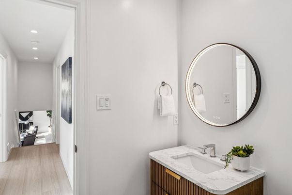 Bathroom, Interior, Recessed Lighting, Wood Texture Flooring