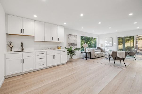 Dining room, Interior, Kitchen, Living room, Recessed Lighting, Wood Texture Flooring
