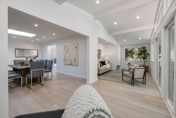 Dining room, Interior, Living room, Recessed Lighting, Wood Texture Flooring