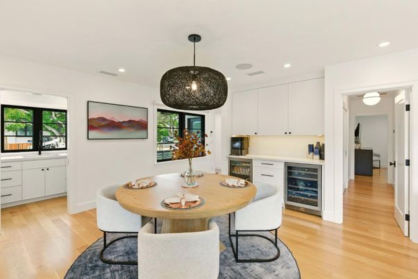 Dining room, Interior, Kitchen, Pendant Lights, Recessed Lighting, Wood Texture Flooring