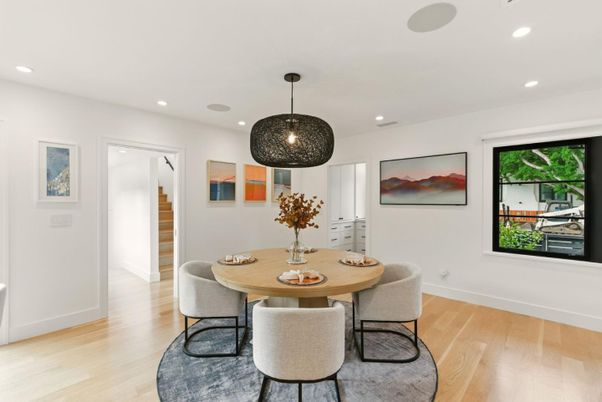 Dining room, Interior, Pendant Lights, Recessed Lighting, Wood Texture Flooring