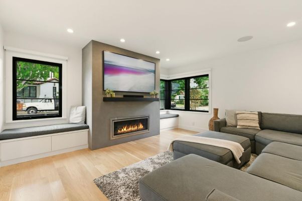 Fireplace, Interior, Living room, Recessed Lighting, Wood Texture Flooring