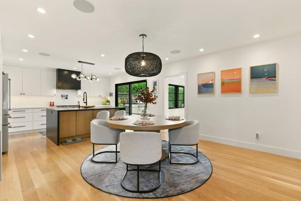Dining room, Interior, Kitchen, Pendant Lights, Recessed Lighting, Wood Texture Flooring