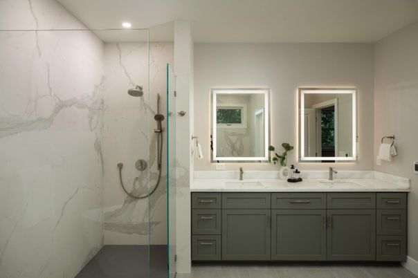 Bathroom, Dual Sink Vanities, Glass Shower, Interior, Marble Walls, Recessed Lighting