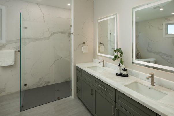 Bathroom, Dual Sink Vanities, Glass Shower, Interior, Marble Walls, Recessed Lighting