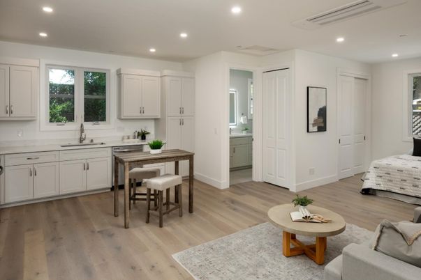 Dining room, Interior, Kitchen, Living room, Recessed Lighting, Wood Texture Flooring