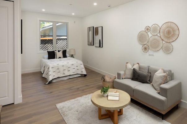 Bedroom, Interior, Living room, Recessed Lighting, Wood Texture Flooring