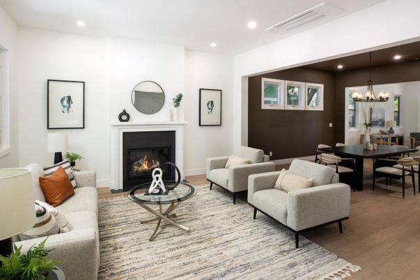 Chandelier, Dining room, Fireplace, Interior, Living room, Pendant Lights, Recessed Lighting, Wood Texture Flooring