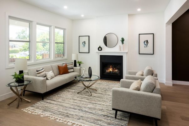 Fireplace, Interior, Living room, Recessed Lighting, Wood Texture Flooring