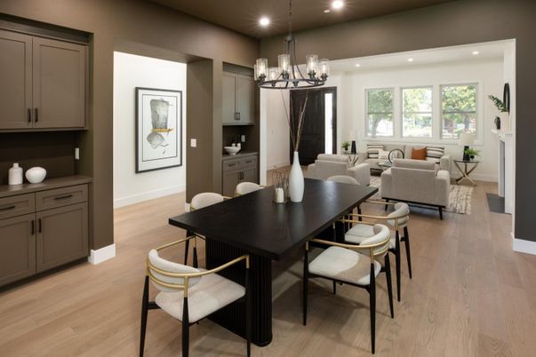 Chandelier, Dining room, Interior, Living room, Pendant Lights, Recessed Lighting, Wood Texture Flooring